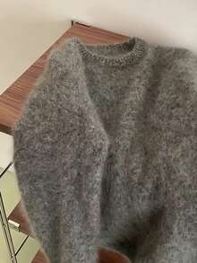 EAVA Dark Gray Round Neck Knit Sweater, Fluffy Curly Plush Fabric With Misty Atmosphere, Soft Thick Warm And Non-Irritating, Loose Drop Shoulder Wide Sleeve Hiding Body Shape And Slimming, Simple All-Match Round Neck With Ribbed Cuffs Resistant To Deformation, Short Loose Body Optimizing Body Proportion, Low Saturation High-End Gray Suitable For All Skin Tones, Suitable For Single Wear Or Layering In Autumn/Winter, Versatile Casual Lazy Pullover Top - Dark Grey - View 6