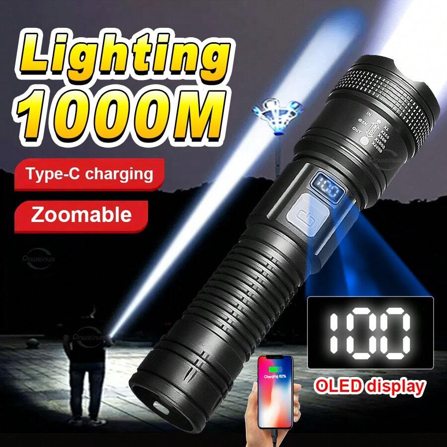 50000流明高功率LED手电筒超亮远射程变焦战术手电筒USB充电露营狩猎LED手电筒