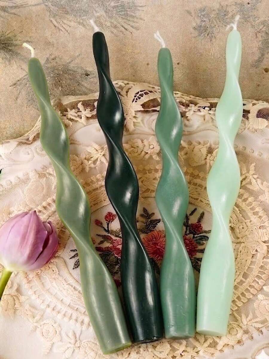 2pcs French Green Twisted Candles, Fashionable Home Decor, Suitable For Weddings And Home Decoration, Perfect For Romantic Dinners, Photography Props, Parties, Valentine's Day, Ideal Gift, Daily Use, Wedding Favors, Picnic Parties And Holiday Table Decor - Green - View 1