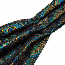 Black Base Teal Orange Multi Swirl Paisley Ascot Cravat Three Piece Kit, Gentleman Party Coordinated Neck Scarf Bundle Including Hanky - Green - View 3