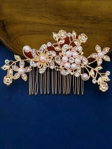 1 Set (2pcs) Silver & Gold Elegant Lady Princess Bridal Hair Comb Bun Set, Fashion Exquisite Pearl Plum Blossom Design - 064 Hair Combs In Gold and Silver Set - View 2