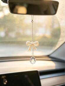 1pc Multi Color Bowknot Crystal Rearview Mirror Hanging Charm, Aesthetic Resin Bow Teardrop Crystal Car Pendant, Women Fashion Car Interior Decor Ornament, Multiple Color Options Auto Accessories Gift - A - View 7