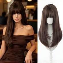 Long Straight Layered Synthetic Wig Brown/Black With Bangs, Natural Hair Texture, Heat-Resistant Fiber, Women's Cosplay Daily Wear - Multicolor - View 8