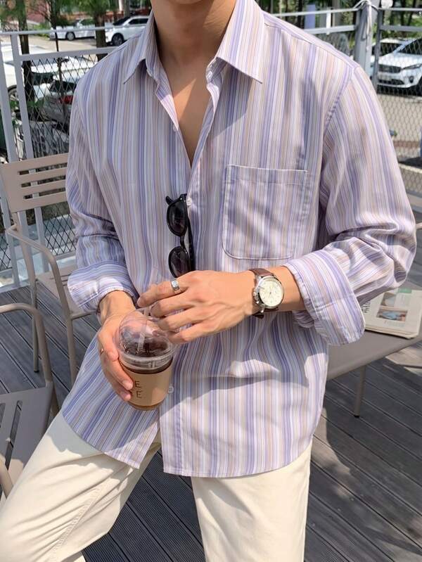 Men's Casual Commuter Striped Long Sleeve Shirt, Versatile Comfortable Elegant, Daily Wear, Holiday Gift,