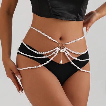1 pieza Cadena corporal encantadora de varias capas hecha de perlas falsas brillantes, estilo bohemio con diseño de drapeado en capas y exquisito colgante de borlas. Cadena de extensión ajustable que se ajusta perfectamente a diferentes tamaños de cintura. Ligera y llamativa, combina perfectamente con bikini, top corto y vestido envolvente, adecuada para vacaciones en la playa, vacaciones tropicales y fiestas junto al mar, decoración corporal de lujo exclusiva para mujeres