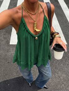 女士休闲纯色露背短款网纱波西米亚海滩风上衣，舒适透气，适合夏季穿着 - 綠色 - 查看 1