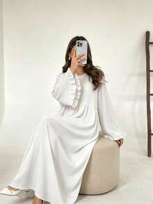 Conservative Abaya Long Dress With Ruffle Cuffs, Pleated Fabric Layered Waist Muslim Long Dress, Casual Islamic Clothing - Multicolor - View 13