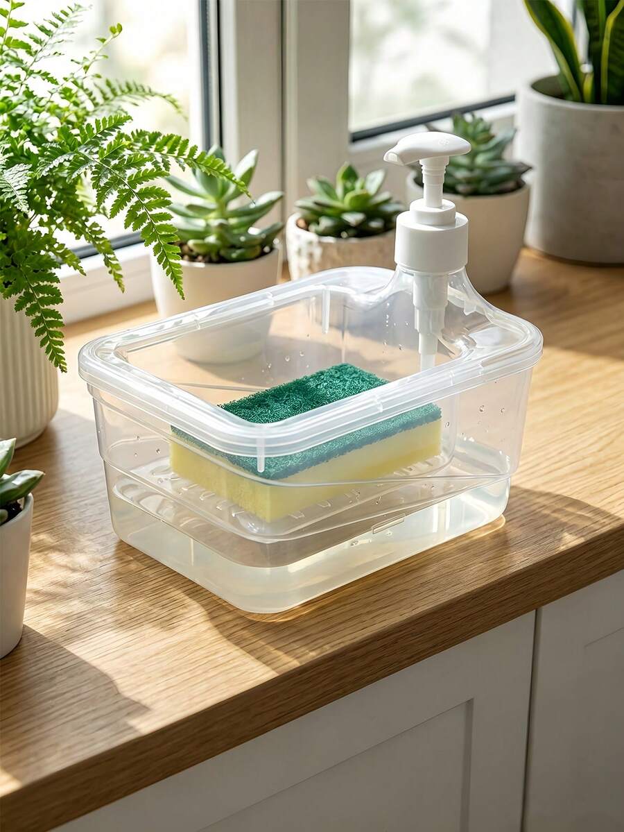 壓式皂液器浴室可補充瓶皂液器皂液器浴室廚房清潔分配器皂液器盒壓式洗滌劑盒方形海綿刷清潔刷盒隔層收納盒廚房必需品浴室裝飾