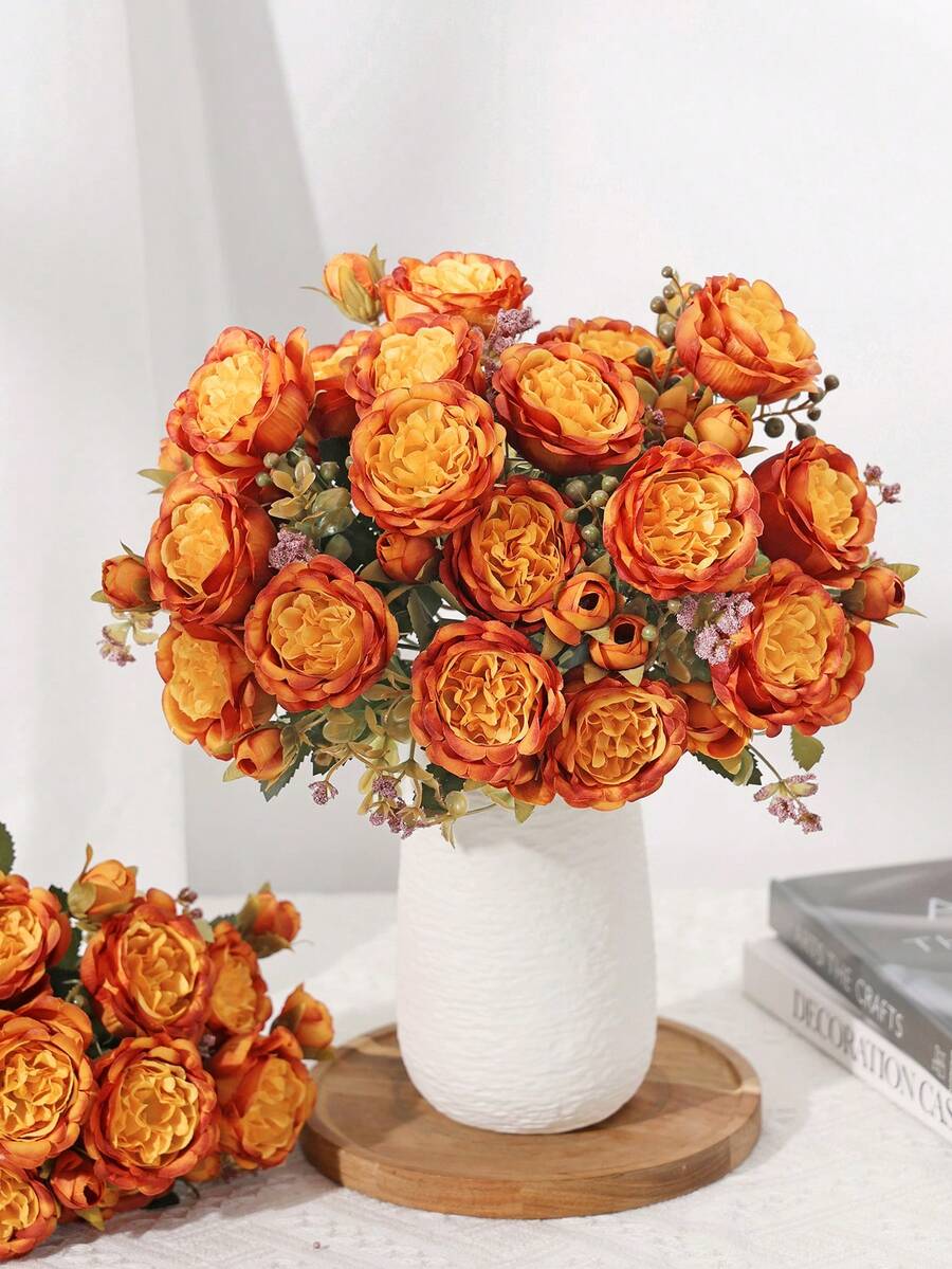 1pc Artificial Romantic Bouquet Of Roses And Peonies – Perfect For Weddings, Home, Desktop Decor, Brides' Bouquets, Autumn Decorations, And Halloween Decor - Orange - View 1