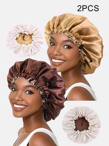 1pc Women's Double Layer Satin Sleep Cap, Beauty Perm Cap, Chemotherapy Cap With Adjustable Buckle, Suitable For Daily Use - Khaki - View 16