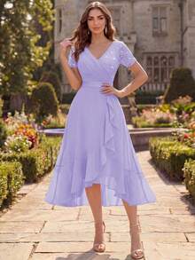 MIUSOL Rok Panjang Elegan Model Ball Party dengan Leher V, Hiasan Payet, Renda, Patchwork, dan Bahan Chiffon, Cocok untuk Tamu Pernikahan, Makan Malam, dan Acara Musim Panas. - Mauve Purple - View 5