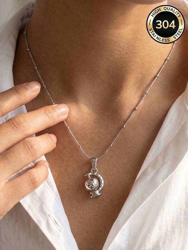 1 Piece Dainty 3D Mini Globe World Map Pendant Necklace, 18K Gold Plated 304 Stainless Steel, Daily Wear/Waterproof And Fade-Resistant