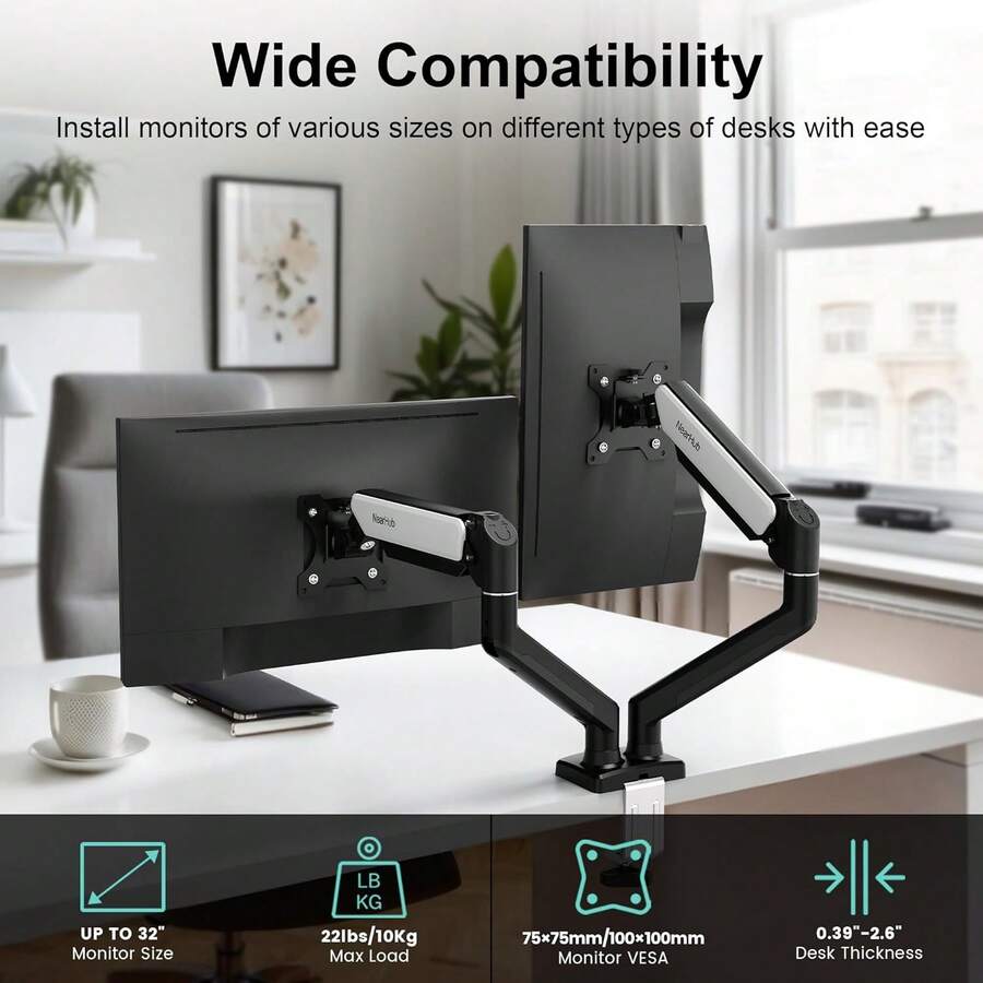 Nearhub MS-002 Monitor Arm Dual Arm With C-Clamp & Grommet Mount,Flexible Adjustment 180° Swivel, Tilt +90° To -45°, 360°Rotation Effortless Installation Monitor Arm
