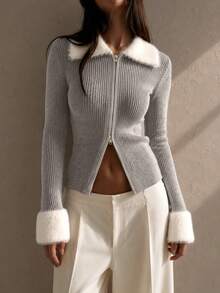 Sweater Wanita Kasual Sehari-hari, Esensial untuk Perjalanan Harian, Minimalis, Kombinasi Warna, Leher V, Lengan Panjang, Resleting Ganda, Potongan Ramping, Serbaguna, Musim Gugur/Dingin - MultiWarna - View 2