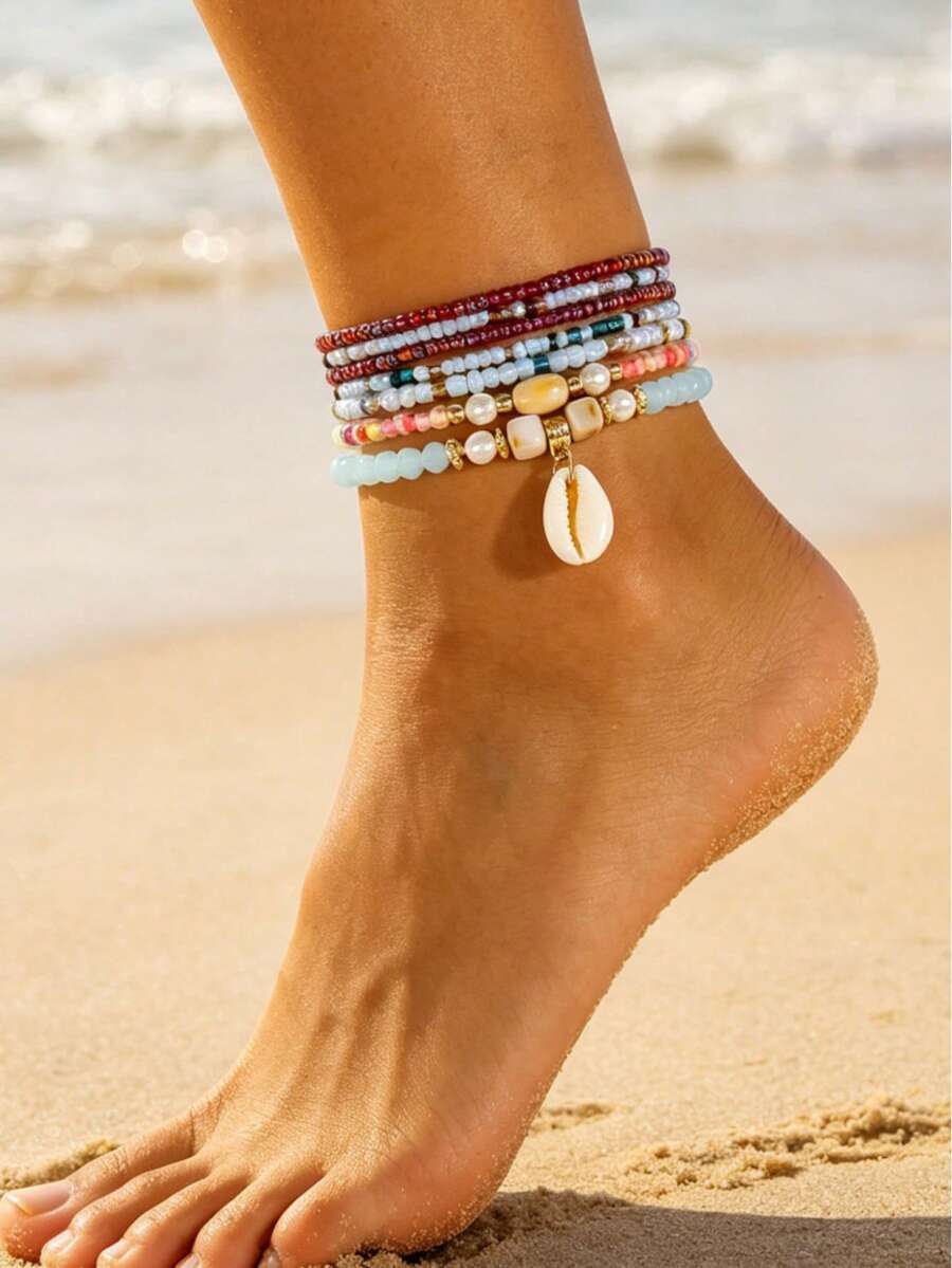 7pcs/Set Bohemian Style Fashion Beaded Anklets, Multi-Color Summer Versatile Personalized Jewelry For Women, Beach Vacation Elastic Beaded Anklets, Accessories For Women, Gift For Friends Or Family