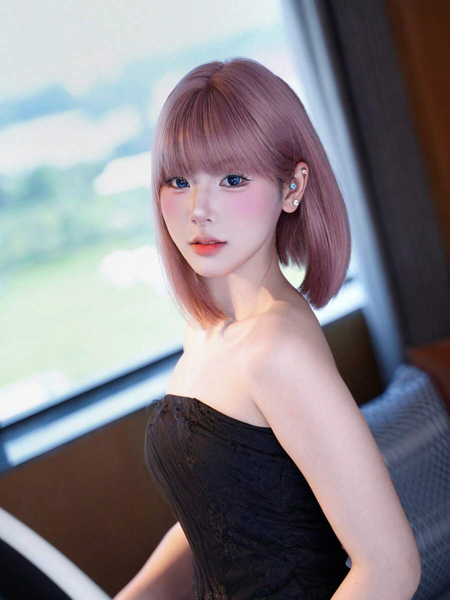 alicegarden 12英吋長合成假髮,自然直髮造型,迷人的乾玫瑰色,附瀏海設計,適合日常、派對、Cosplay使用,自然耐用,適合女士的假髮禮物(不含配件),萬聖節 - 乾枯玫瑰色 - 查看 1