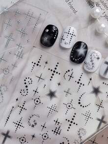 1pc 3D Polka Dot Five-Pointed Star Nail Art Sticker, Matrix Diffused Star Cross, Black White Silver, Self-Adhesive Nail Decoration DIY Sticker Nail Stickers - Black - View 5