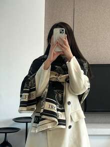 女士双面围巾披肩，保暖奢华，适合秋冬季搭配连衣裙。 - 黑與白 - 查看 1