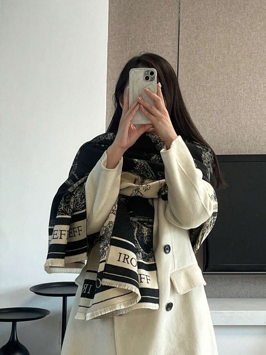 女士双面围巾披肩,保暖奢华,适合秋冬季搭配连衣裙。 - 黑與白 - 查看 1