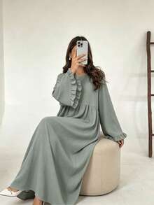 Conservative Abaya Long Dress With Ruffle Cuffs, Pleated Fabric Layered Waist Muslim Long Dress, Casual Islamic Clothing - Multicolor - View 27