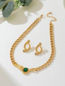 1 Set Fashion European & American Vintage Middle Eastern Exaggerated Chunky Chain Snake Head Necklace & Earrings Jewelry Set - Yellow Gold - View 2