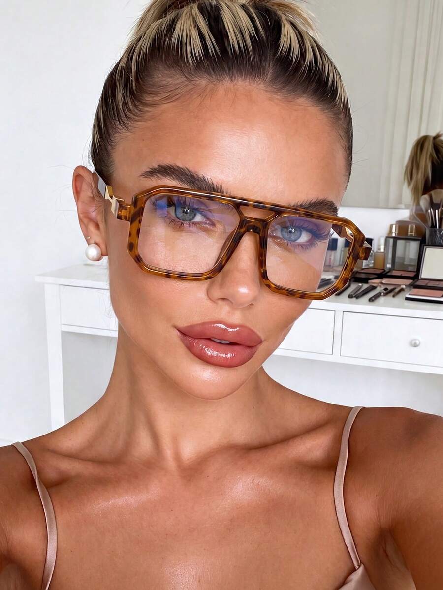 1 Pair Women's And Men's Rectangular Frame Optical Glasses, Suitable For Office Computer Wear, Clear Lenses, Comfortable For Daily Wear, Women's Eyewear Accessories - Leopard Print - View 1
