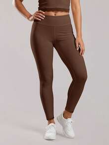 Sodalemon Women's Elastic Waist Yoga Leggings, Contrast Color Lace Solid Color Fitness Bottoms, Running Workout Pants - Brown - View 6