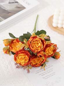 1pc Artificial Romantic Bouquet Of Roses And Peonies – Perfect For Weddings, Home, Desktop Decor, Brides' Bouquets, Autumn Decorations, And Halloween Decor - Orange - View 3