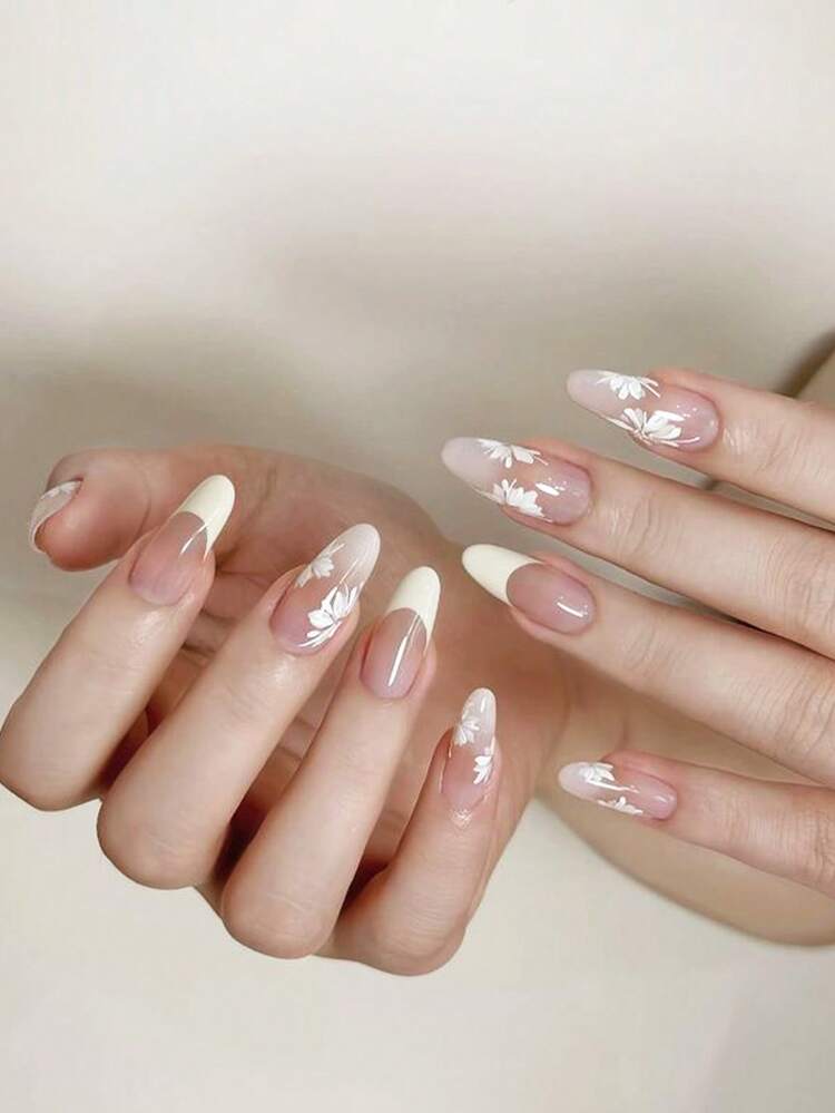 30Pcs Off White Medium Oval False Nails, Elegant Floral Press On Nails With Coffee Blush Gradient White French Tip, Reusable Fake Nail Kit For Autumn Winter - Camel - View 1