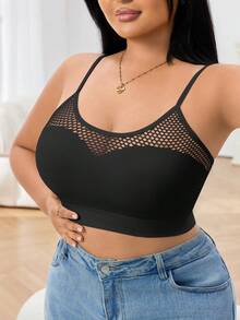 1pc Plus Size Seamless Mesh Hollow Out Breathable Women's Bra And Underwear, Comfortable Backless Seamless Plus Size Bra And Camisole - Black - View 2