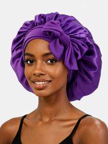 1pc Women's Ribbon Bow Faux Silk Elastic Banded Round Hat, Sleep Cap, Hair Tie Cap, Beauty Hair Hat Suitable For Daily Use - Purple - View 24