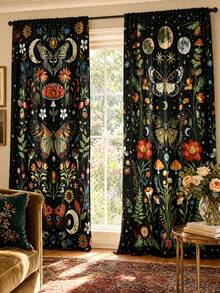 2pcs Bohemian Vintage Moon Phase Butterfly Mushroom Pattern Printed Semi-Sheer Curtains, 90GSM Polyester Semi-Sheer Privacy Protection, Easy Installation, Quick Dry, Washable, Non-Fading, Lightweight Removable Curtains, Suitable For Home, Room, Kitchen And Other Partitions Or Decoration - Multicolor - View 2