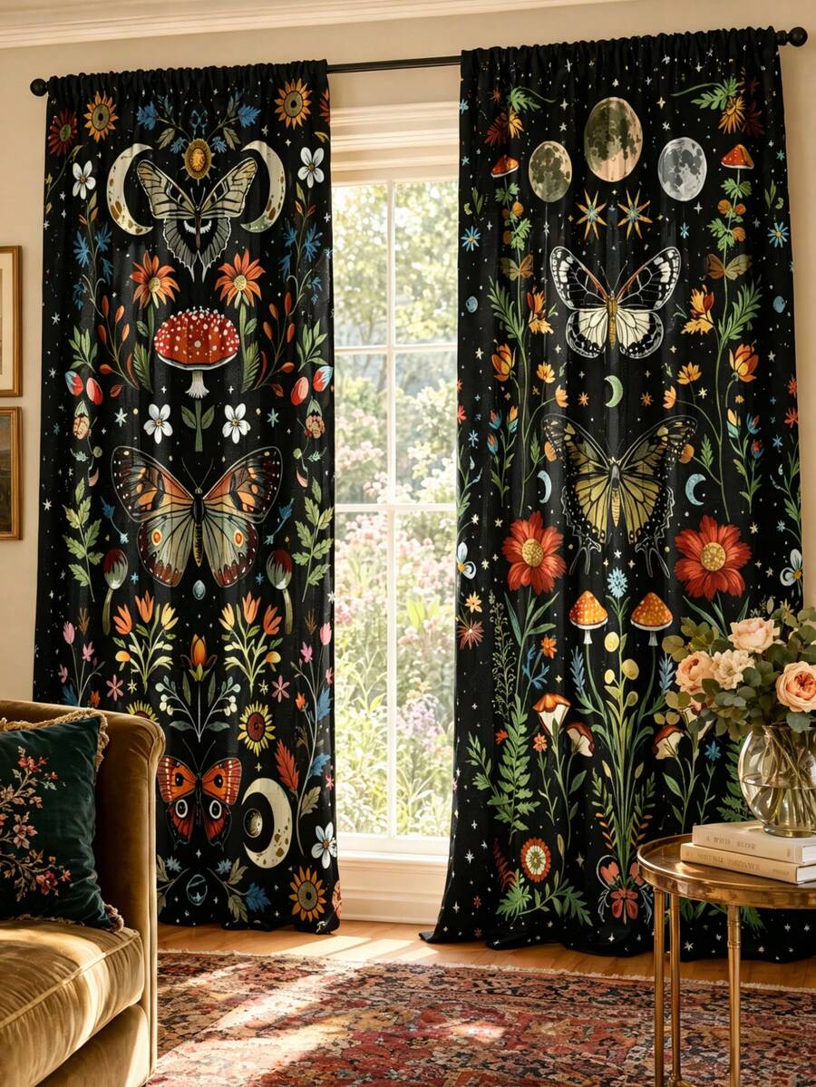 2pcs Bohemian Vintage Moon Phase Butterfly Mushroom Pattern Printed Semi-Sheer Curtains, 90GSM Polyester Semi-Sheer Privacy Protection, Easy Installation, Quick Dry, Washable, Non-Fading, Lightweight Removable Curtains, Suitable For Home, Room, Kitchen And Other Partitions Or Decoration