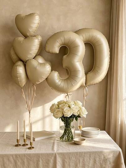 40 Inch Cream White Number Foil Balloon And 18 Inch Heart Foil Balloon Set, Suitable For Camping Party Decoration, Graduation Celebration, Wedding Birthday Party Supplies