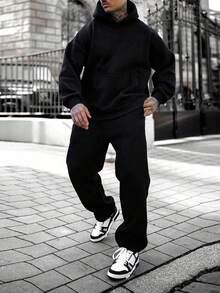 Conjunto de 2 piezas de sudadera y pantalón de chándal de ajuste regular, de unicolor y de peso ligero para hombre, para primavera/otoño - Negro - Ver 2