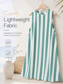Vestido mini sin mangas a rayas azules elegante y casual de verano para mujer, adecuado para vacaciones en la playa y salidas - Azul menta - Ver 6
