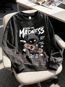 1pc Street Style Vintage Washed Crew Neck Sweatshirt For Teenage Boys, Printed With Skateboard Bear Graphic, Suitable For Spring, Summer, Autumn, Family Gatherings, Back To School, Sports And Other Occasions - Black - View 2