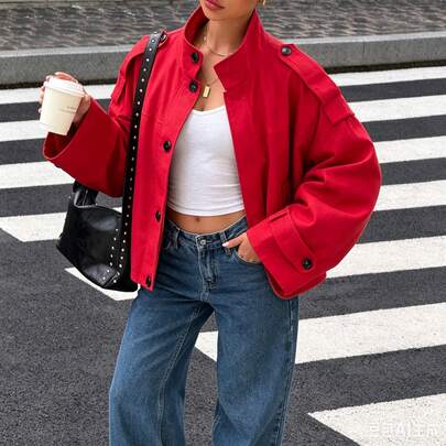 DEEKA Nouvelle veste en lin col montant style européen et américain polyvalente mode femme printemps/automne