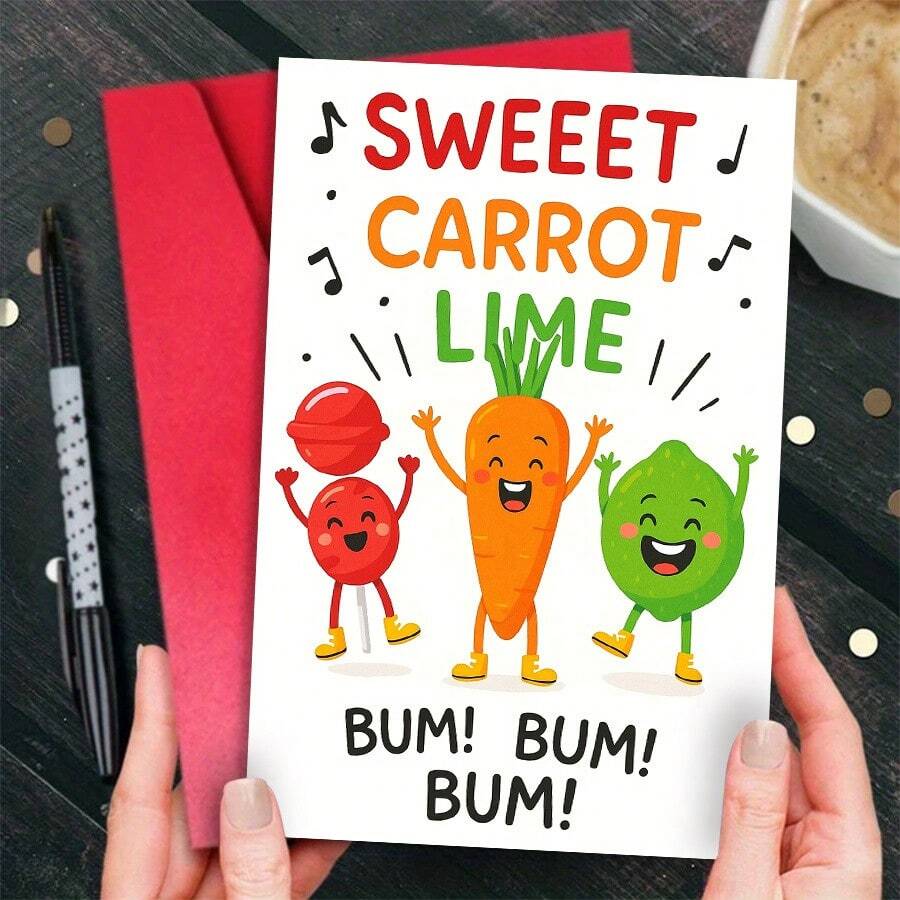 Fun Sweet & Spicy Carrot Lime Greeting Card With Cute Vegetable Patterns (Carrot, Lime, Tomato) And "Bum Bum Boom" Lyrics, Suitable For Anniversary, Christmas, Paper Gift For Food Lovers - 1 - View 1