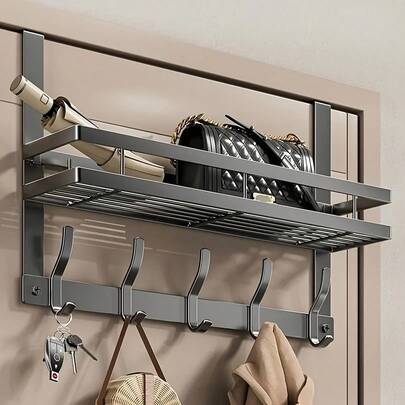 Over-The-Door Hanging Hook Storage Rack, Wall-Mounted Coat Rack With 5 Hat Hooks And 1 Storage Basket, No-Drill Installation, Strong Load-Bearing Capacity, Suitable For Bathroom, Living Room, Bedroom And Home Decor