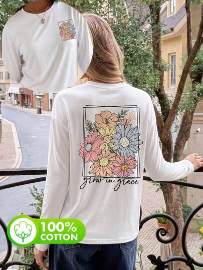 Plus Size Women's Autumn Daily 100% Cotton Bohemian Vintage Floral Graphic Crew Neck Long Sleeves Casual Women's White T-Shirt