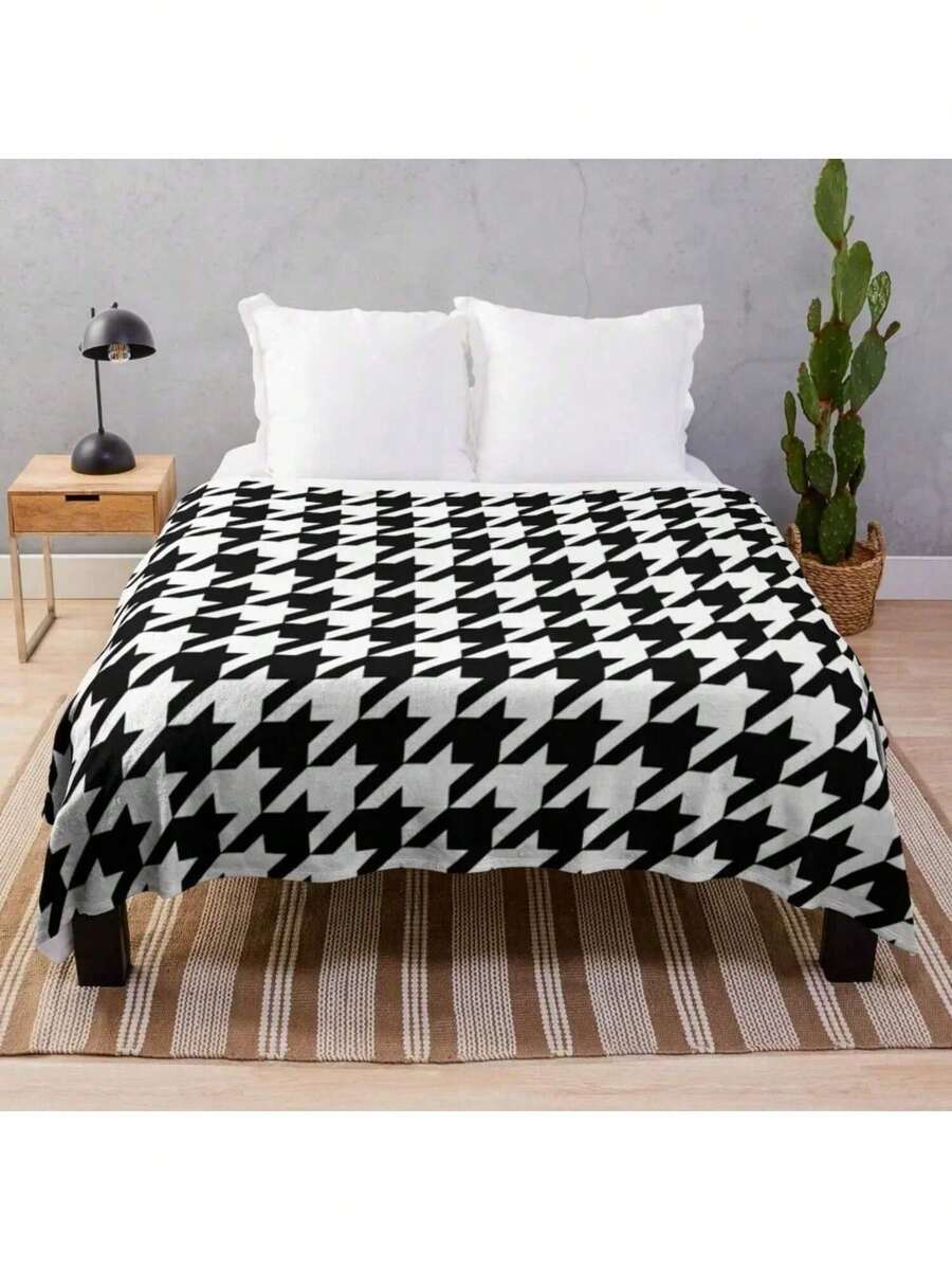 Black And White Houndstooth Throw Blanket Decoratives Loose Cute Plaid Hairys Blankets - Black - View 1