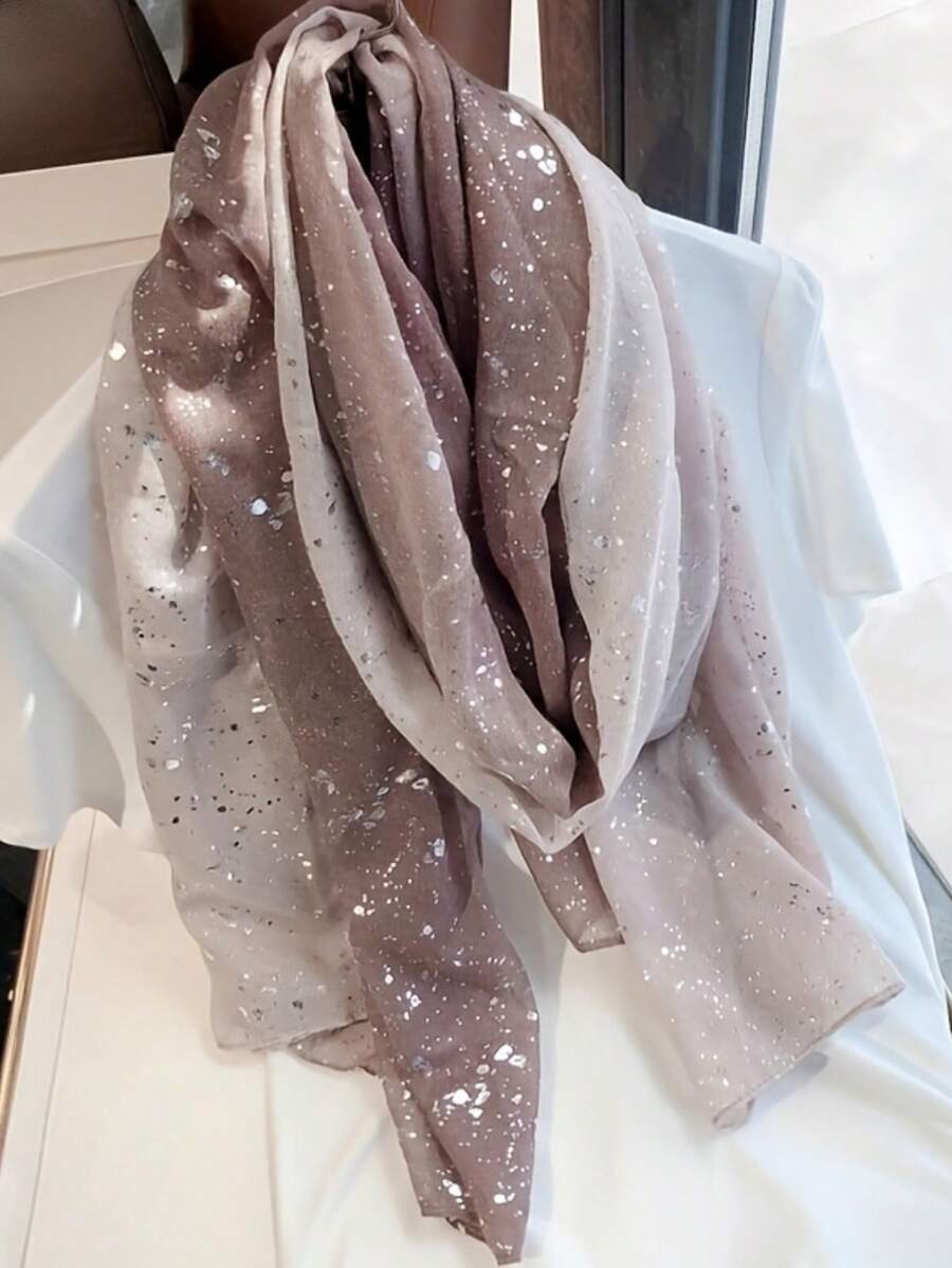 1pc Spring/Summer New Skin-Friendly Soft Touch Gold Foil Gradient Color Block Silk Scarf, Travel Photo Scarf, Sun Protection Beach Towel, Headwrap - Pink - View 1
