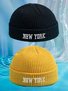 2件組 男士純色百搭 3D刺繡 NEW YORK 針織帽 無帽簷帽，適合秋冬保暖、日常穿著與搭配 - 2 pcs NEWYORK - 查看 18