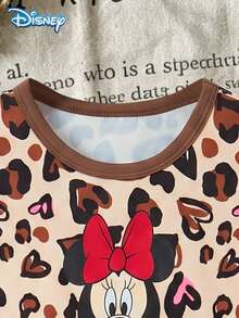 Conjunto de camiseta de manga corta y pantalones cortos para niña Disney Baby de verano con estampado de leopardo y corazón de Minnie, conjunto lindo, pantalones cortos de cintura elástica de color marrón café sólido para vacaciones casuales, ropa para exteriores - Café integral - Ver 4