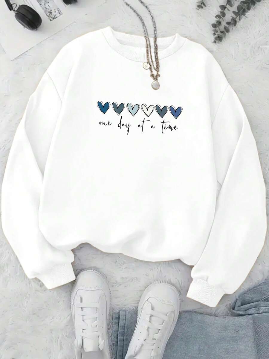 Women's Cotton Blend Lightweight Crewneck Sweatshirt Heart Pattern One Day At A Time Text All Seasons Casual Back To School Family Holiday Wear - White - View 1