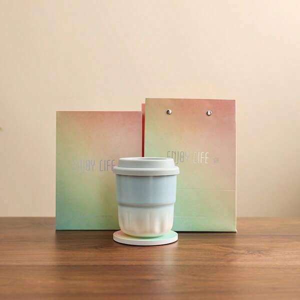 1pc Gradient Color Coffee Mug, Casual Drinking Cup For Women, Highly Attractive Ceramic Mug With Lid