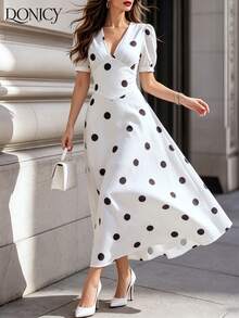 DONICY Damen Sommer Polka Dot Midi Kleid - Weißes V-Ausschnitt Puffärmel A-Linien Kleid, für Urlaub, Brunch & elegante Anlässe - Weiss - Übersicht 1