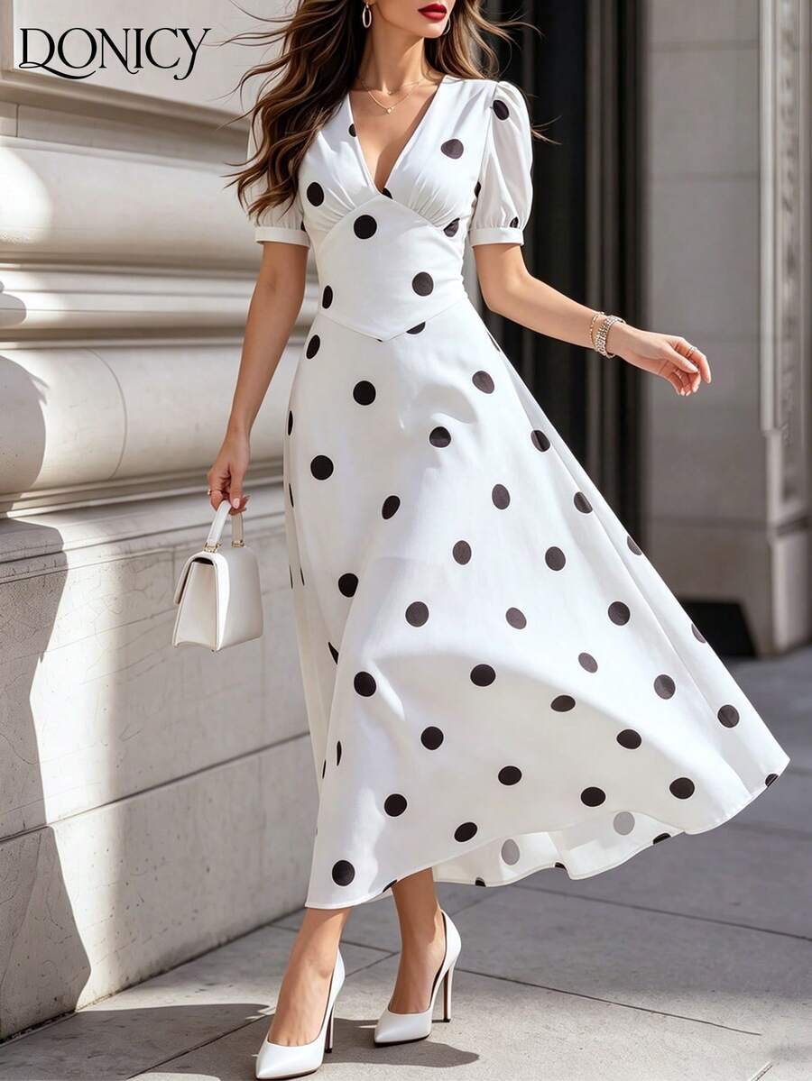 DONICY Damen Sommer Polka Dot Midi Kleid - Weißes V-Ausschnitt Puffärmel A-Linien Kleid, für Urlaub, Brunch & elegante Anlässe - Weiss - Übersicht 1