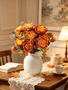 1pc Artificial Romantic Bouquet Of Roses And Peonies – Perfect For Weddings, Home, Desktop Decor, Brides' Bouquets, Autumn Decorations, And Halloween Decor - Orange - View 5